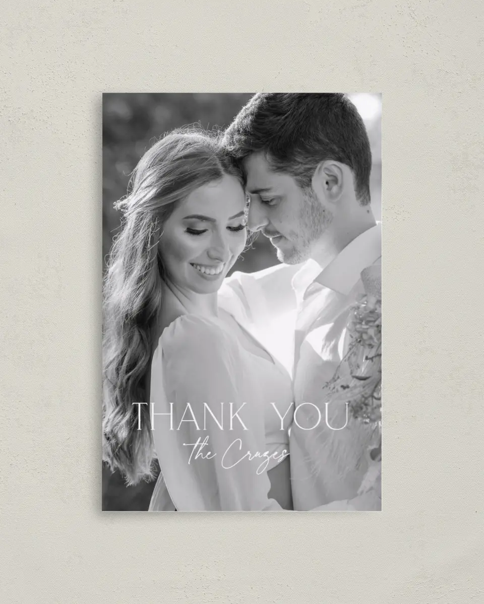 This is a 4" x 6" Folded Thank You Card called The Caroline printed in full color on Premium Smooth paper
