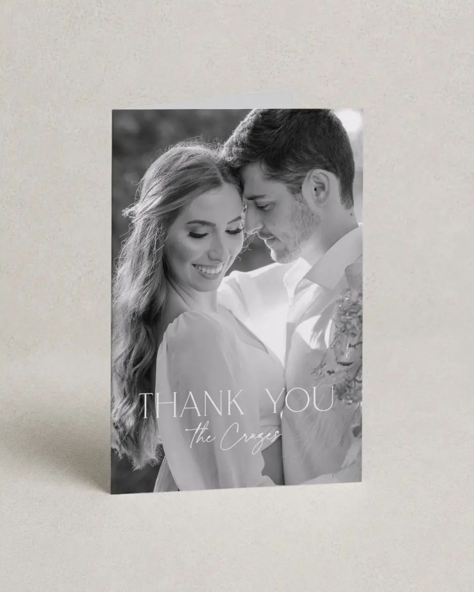 This is a 4" x 6" Folded Thank You Card called The Caroline printed in full color on Premium Smooth paper