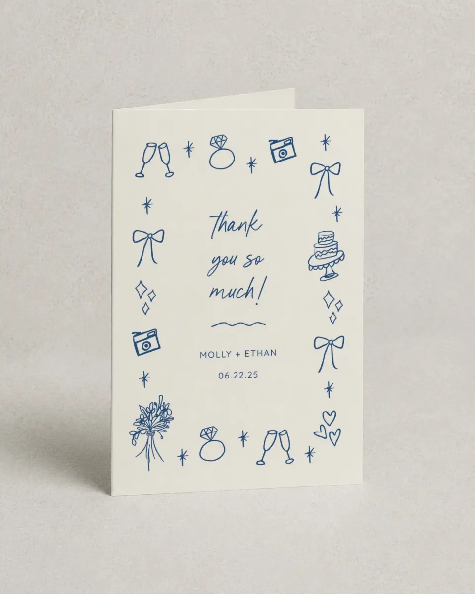 This is a 4" x 6" Folded Thank You Card called Drawn To You printed in full color with Gold foil on Luxe Satin (coated) paper