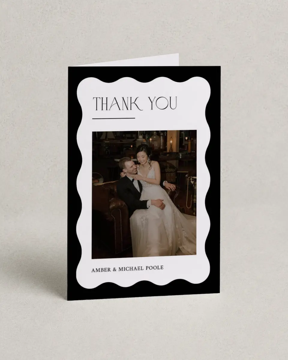 This is a 4" x 6" Folded Thank You Card called The Amber printed in full color with Silver foil on Luxe Satin (coated) paper