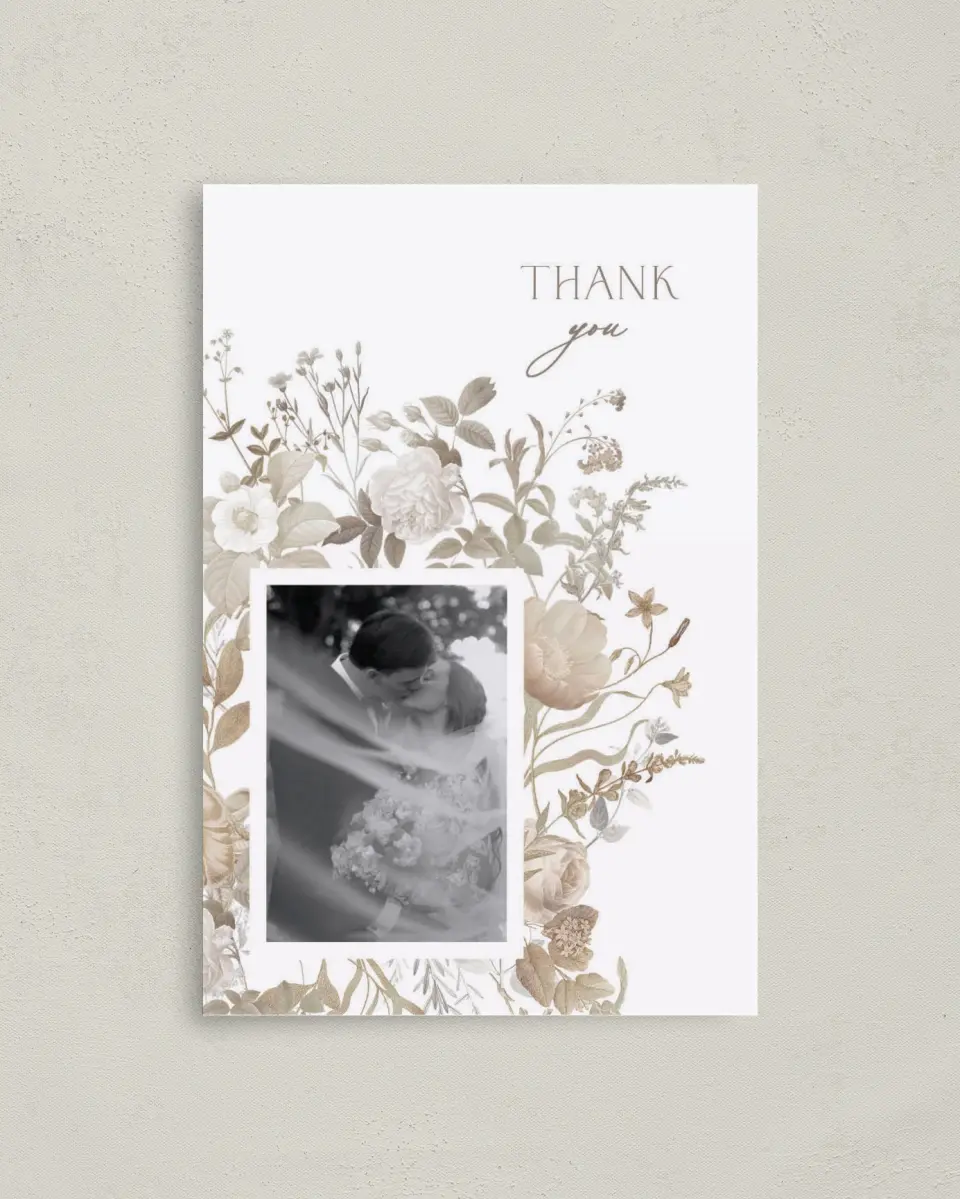 This is a 4" x 6" Folded Thank You Card called The Everly printed in full color on Premium Smooth paper