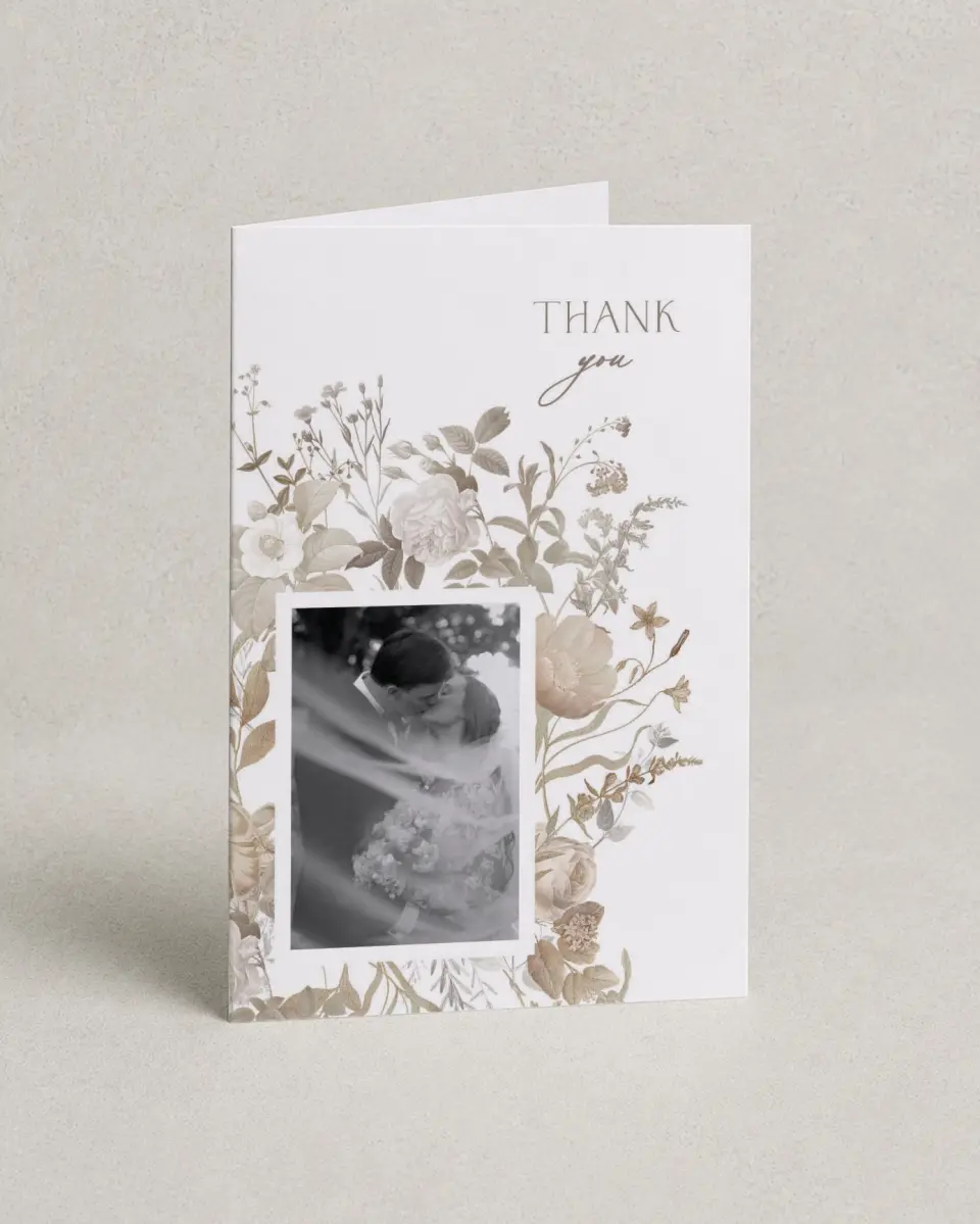 This is a 4" x 6" Folded Thank You Card called The Everly printed in full color on Premium Smooth paper
