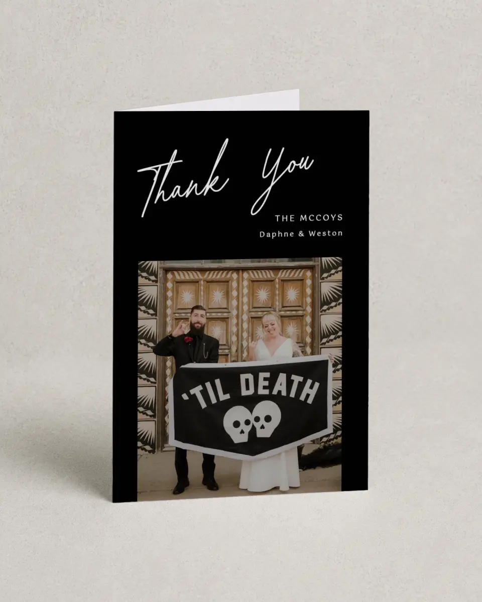 This is a 4" x 6" Folded Thank You Card called Scripted Love printed in full color on Premium Smooth paper