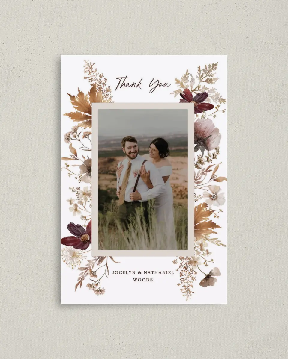 This is a 4" x 6" Folded Thank You Card called Autumn Wildflowers printed in full color on Premium Smooth paper