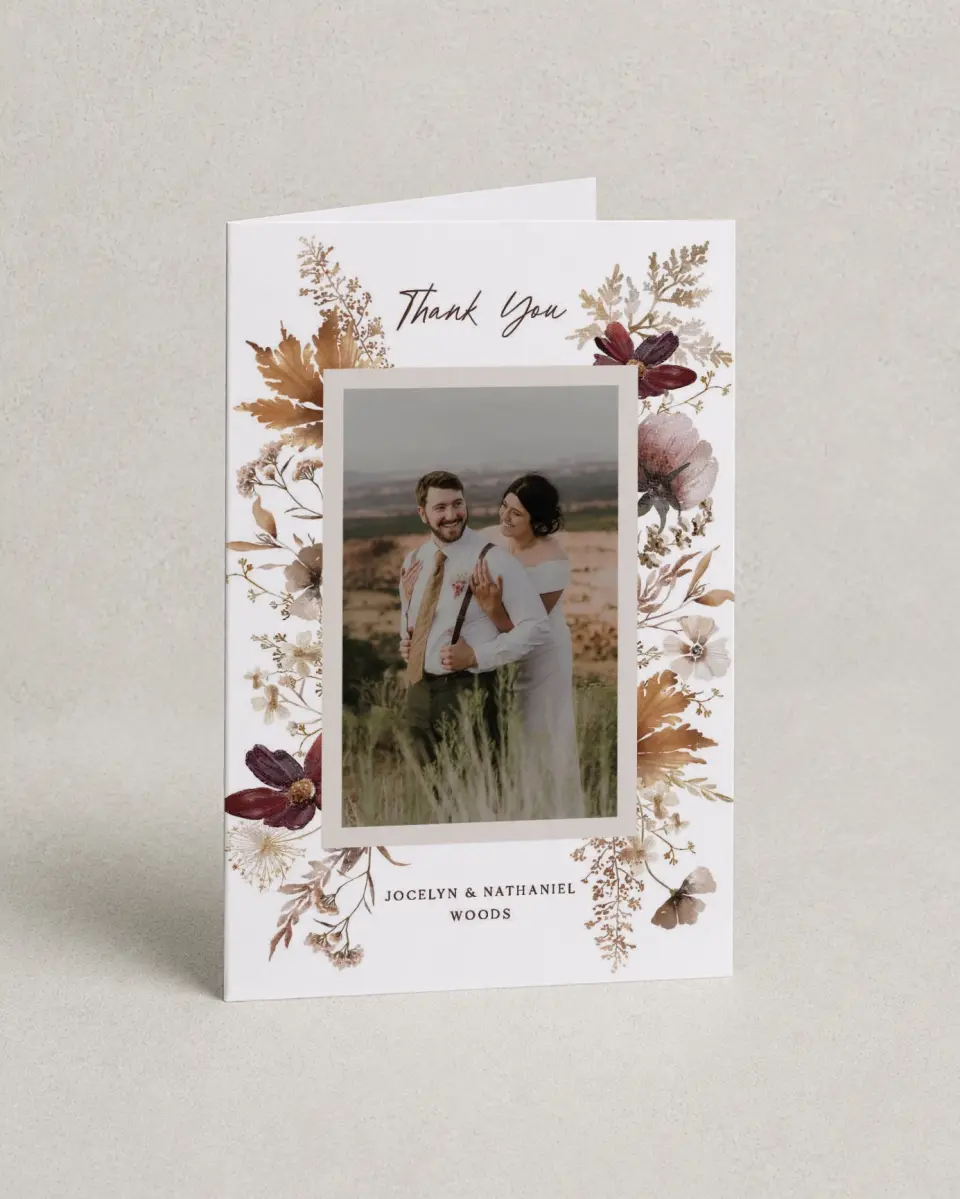 This is a 4" x 6" Folded Thank You Card called Autumn Wildflowers printed in full color on Premium Smooth paper