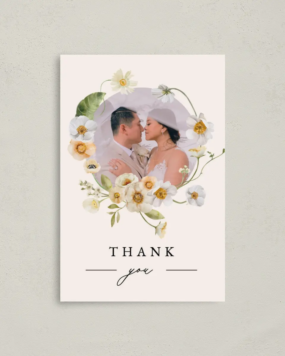 This is a 4" x 6" Folded Thank You Card called Charming Cosmos printed in full color on Premium Smooth paper