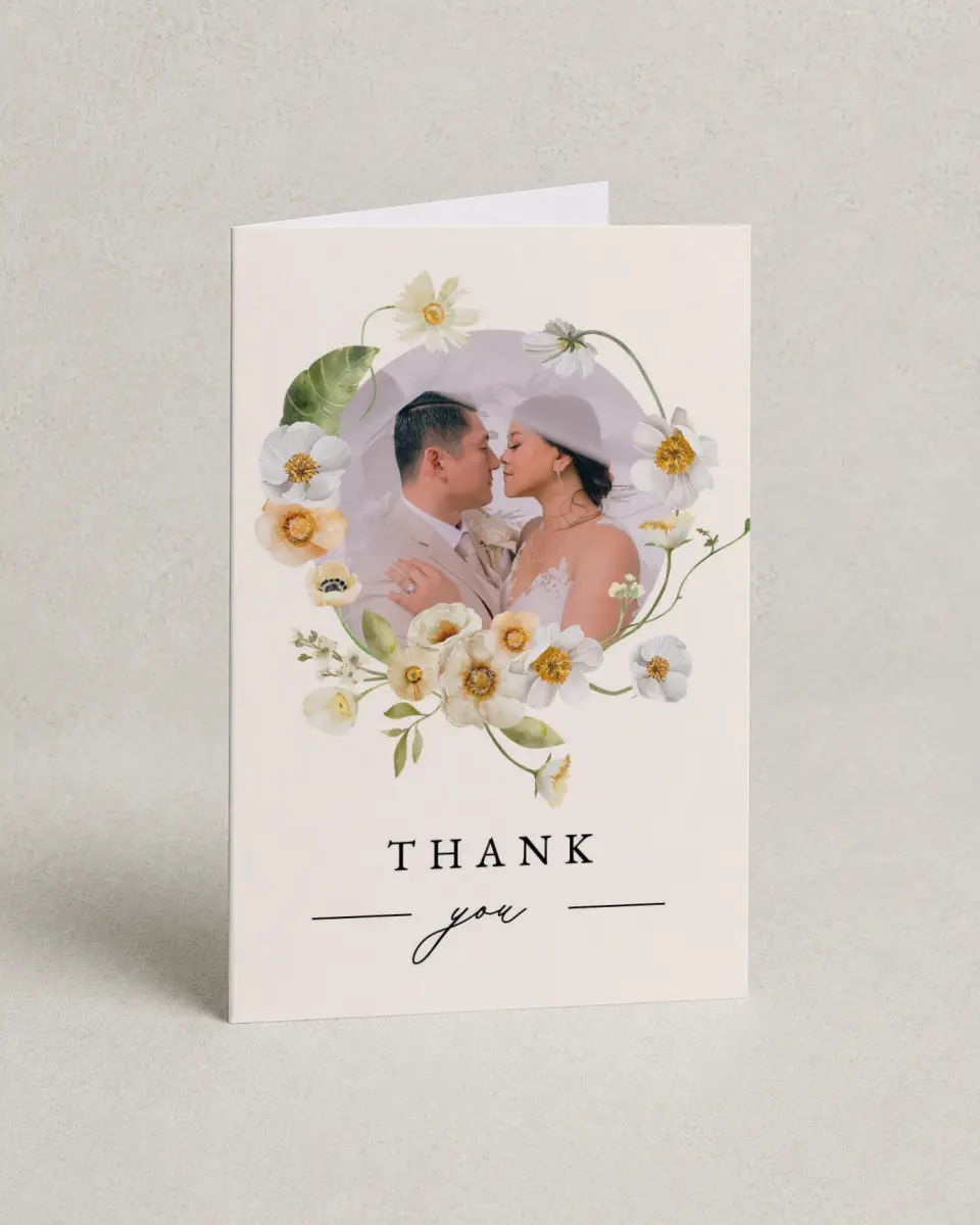 This is a 4" x 6" Folded Thank You Card called Charming Cosmos printed in full color on Premium Smooth paper