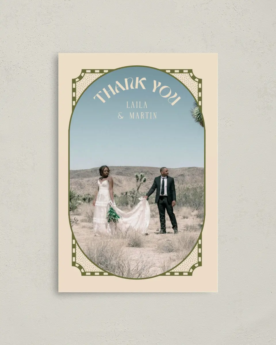 This is a 4" x 6" Folded Thank You Card called Desert Funk printed in full color on Premium Smooth paper