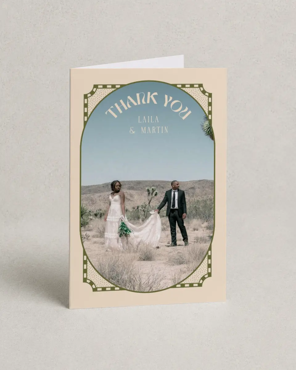 This is a 4" x 6" Folded Thank You Card called Desert Funk printed in full color on Premium Smooth paper