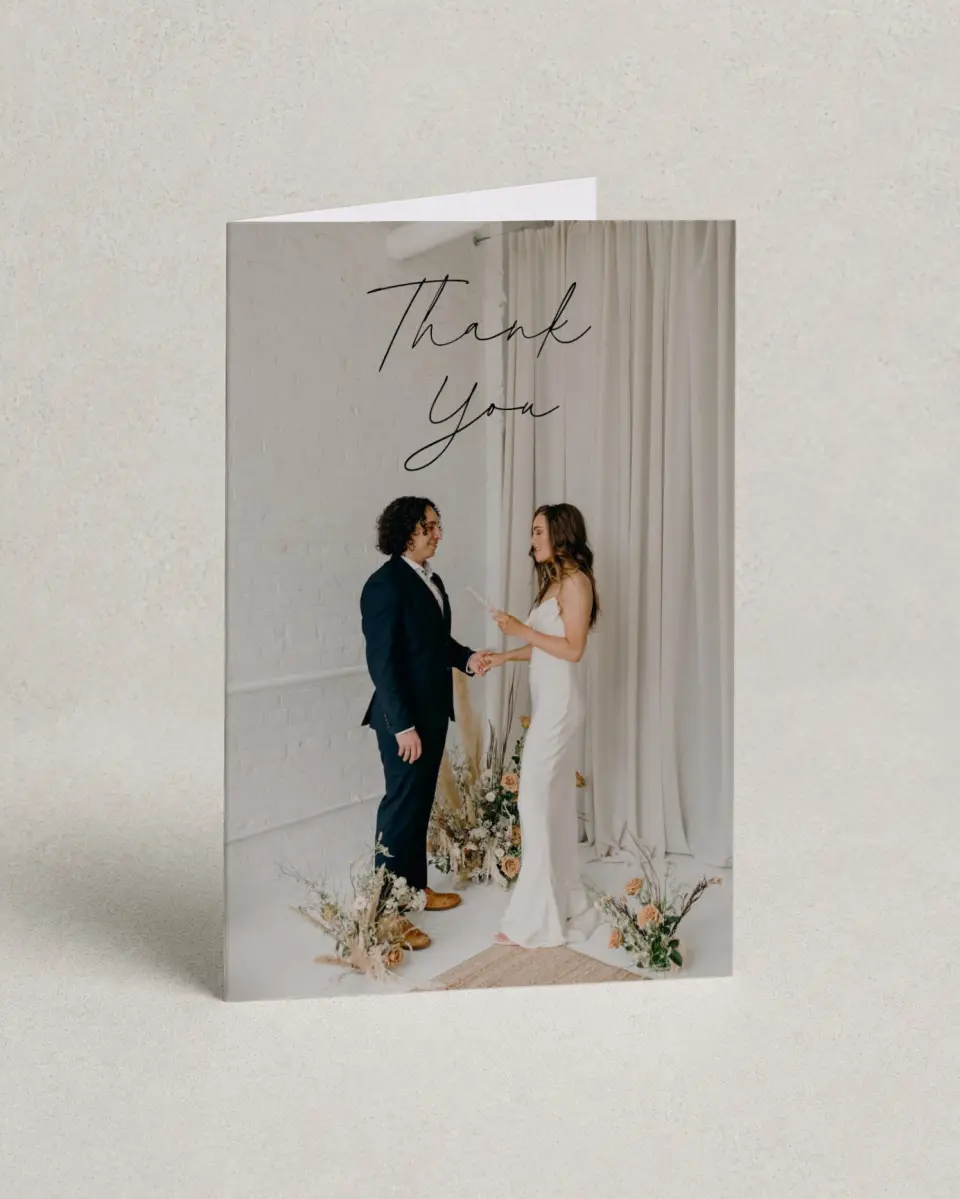 This is a 4" x 6" Folded Thank You Card called The Samantha printed in full color on Premium Smooth paper