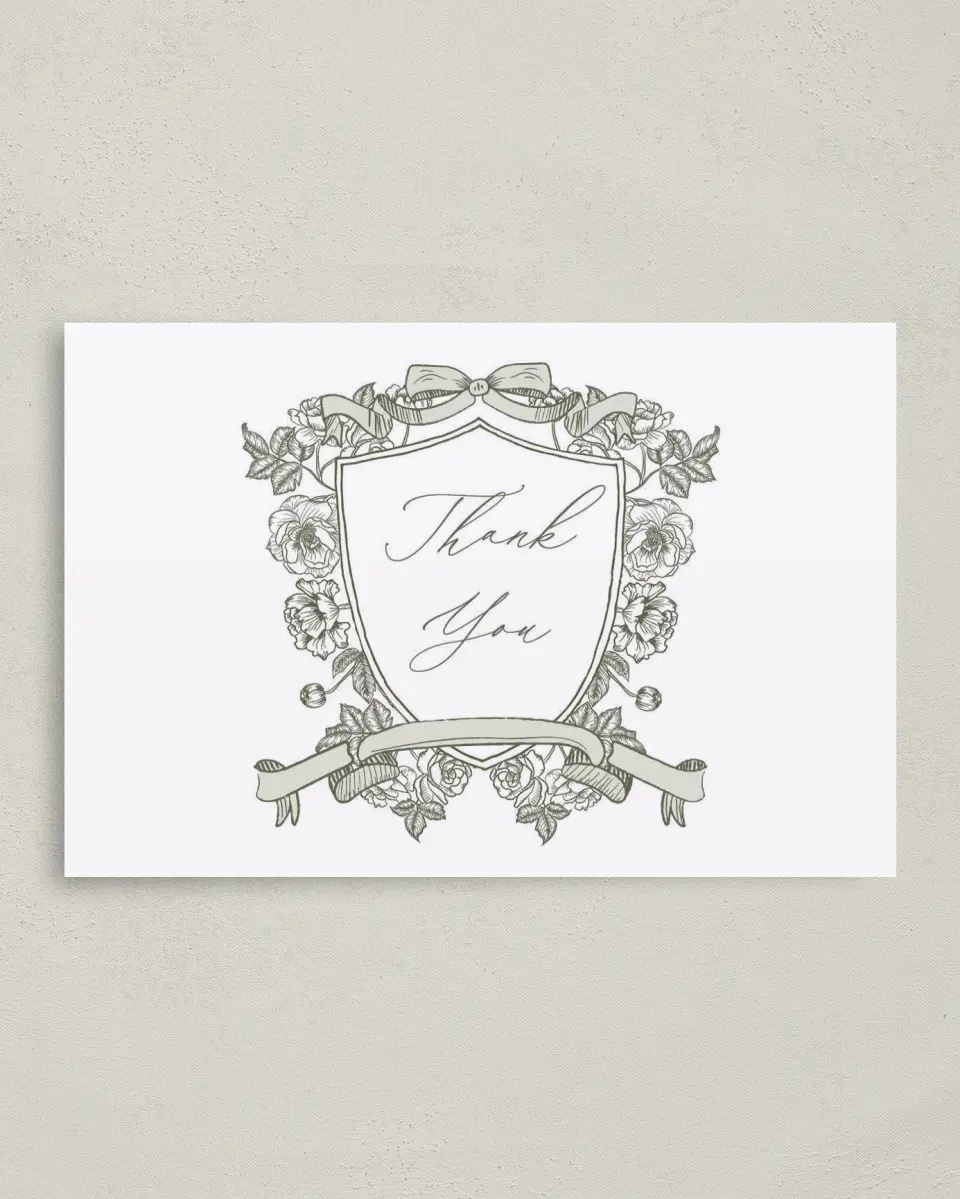 This is a 4" x 6" Folded Thank You Card called Elegant Crest printed in full color on Premium Smooth paper