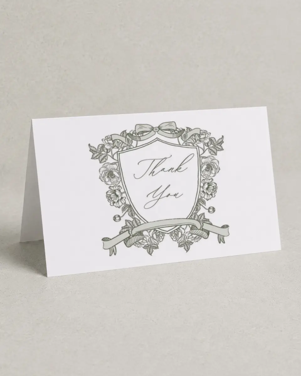 This is a 4" x 6" Folded Thank You Card called Elegant Crest printed in full color on Premium Smooth paper