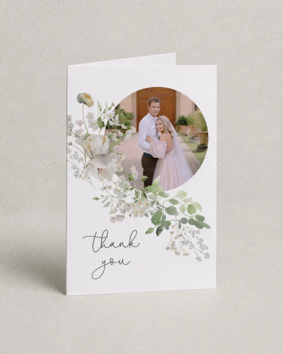 This is a 4" x 6" Folded Thank You Card called The Zoey printed in full color on Premium Smooth paper