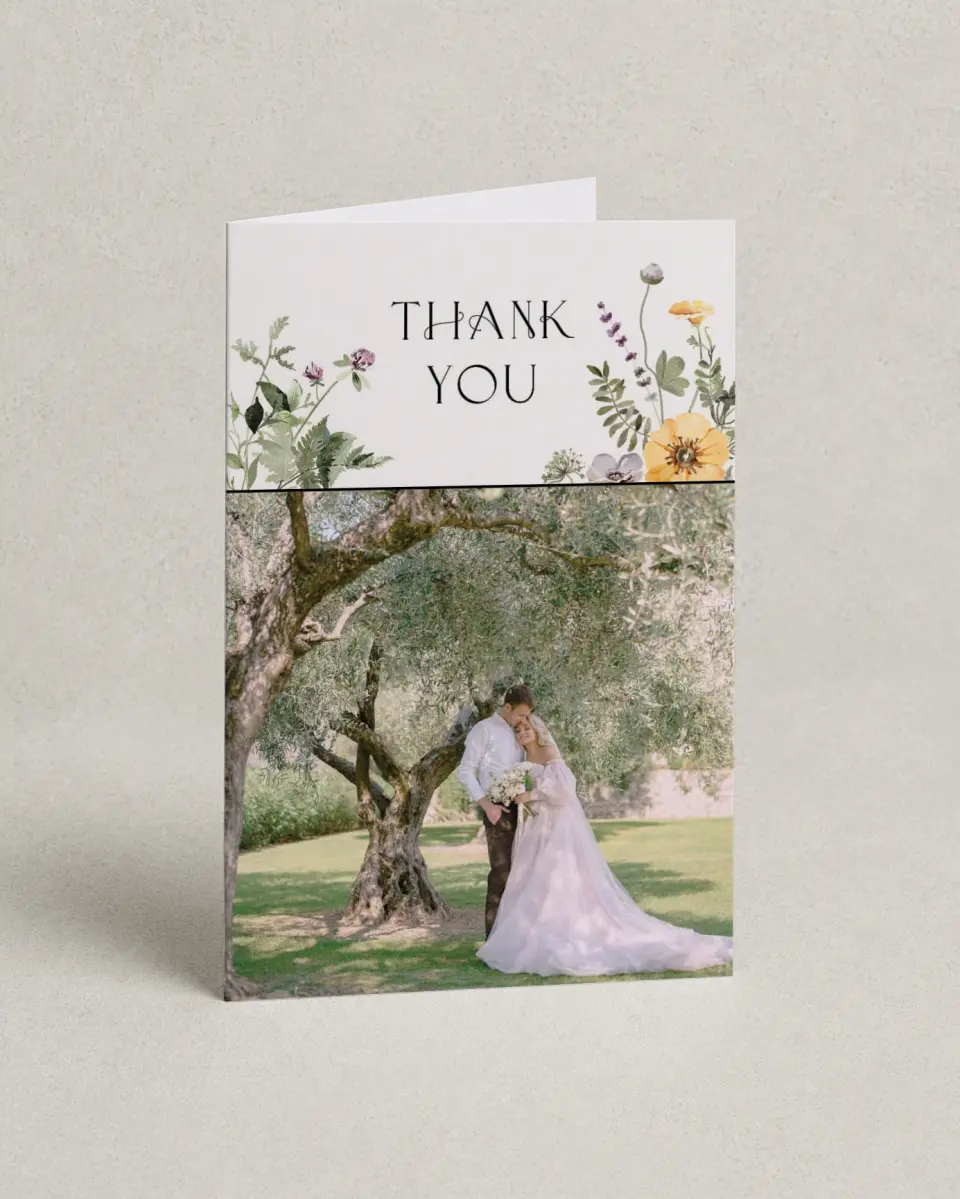 This is a 4" x 6" Folded Thank You Card called The Ruby printed in full color with Silver foil on Luxe Satin (coated) paper