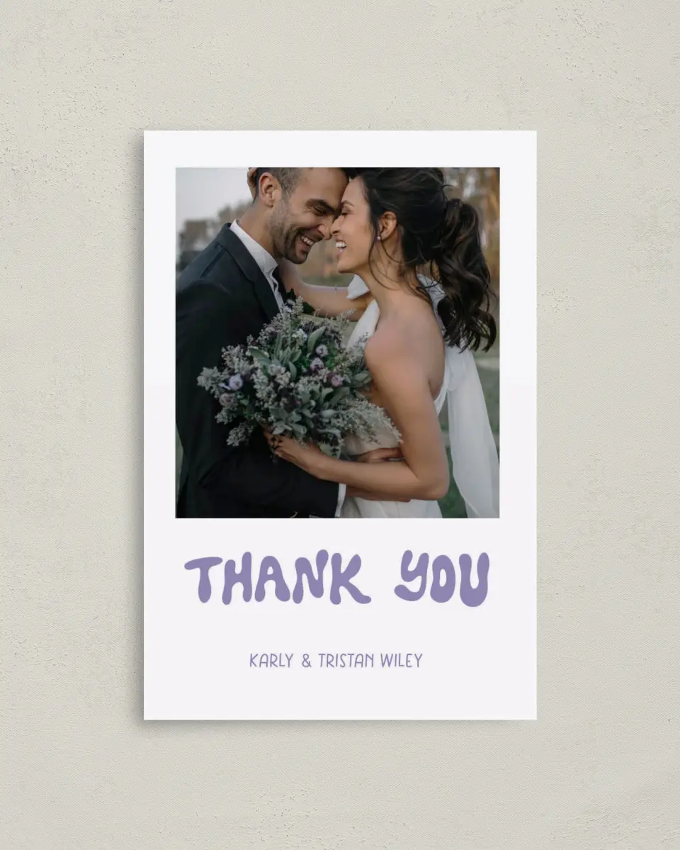 This is a 4" x 6" Folded Thank You Card called The Karly printed in full color on Premium Smooth paper