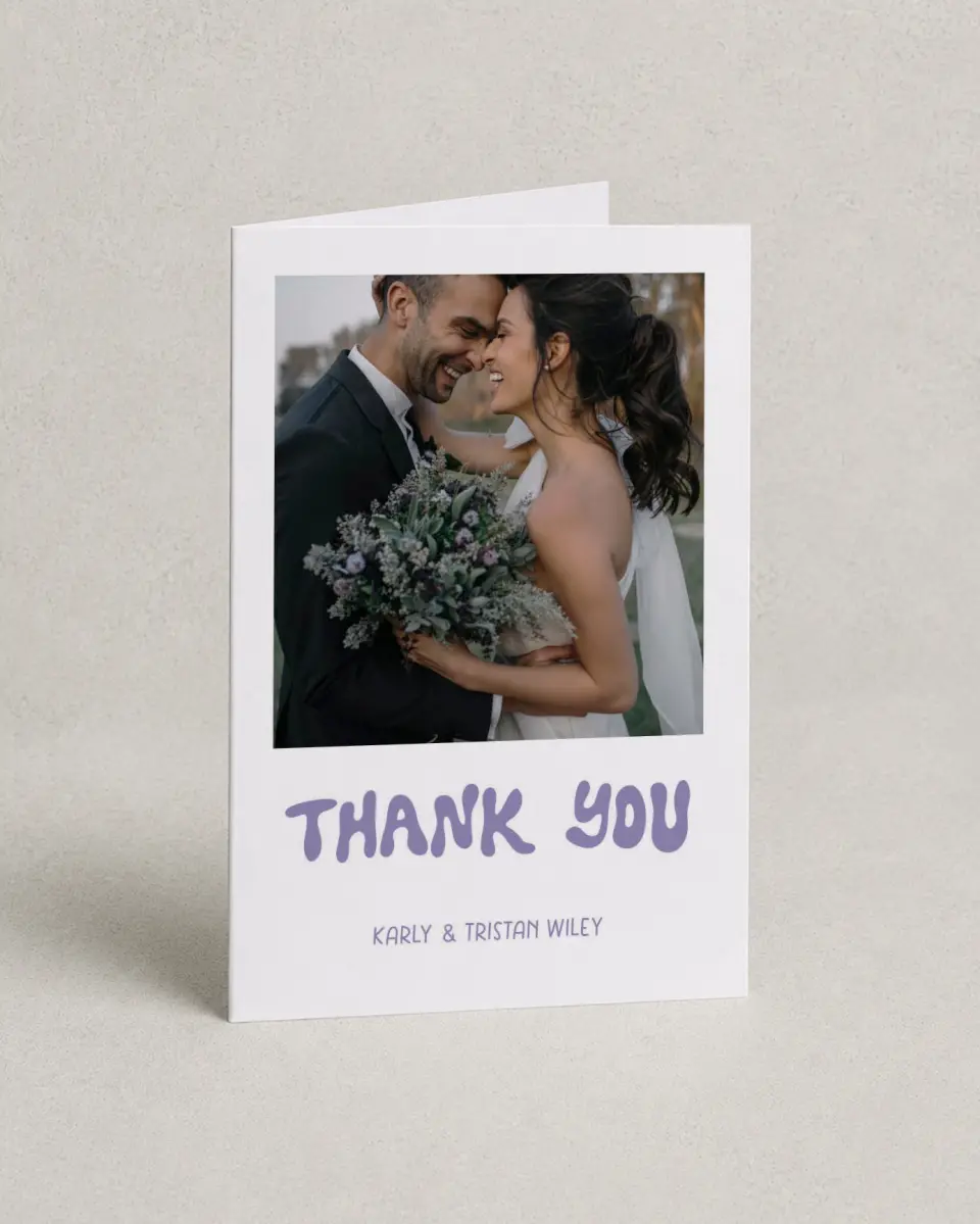 This is a 4" x 6" Folded Thank You Card called The Karly printed in full color on Premium Smooth paper