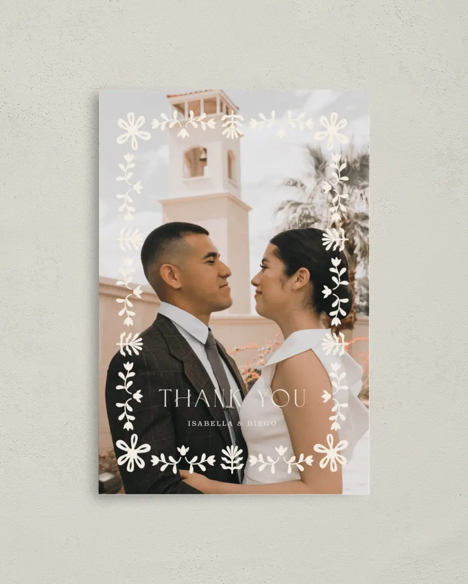This is a 4" x 6" Folded Thank You Card called Folk Fiesta printed in full color on Premium Smooth paper