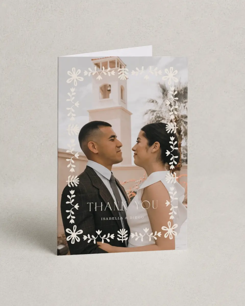 This is a 4" x 6" Folded Thank You Card called Folk Fiesta printed in full color on Premium Smooth paper