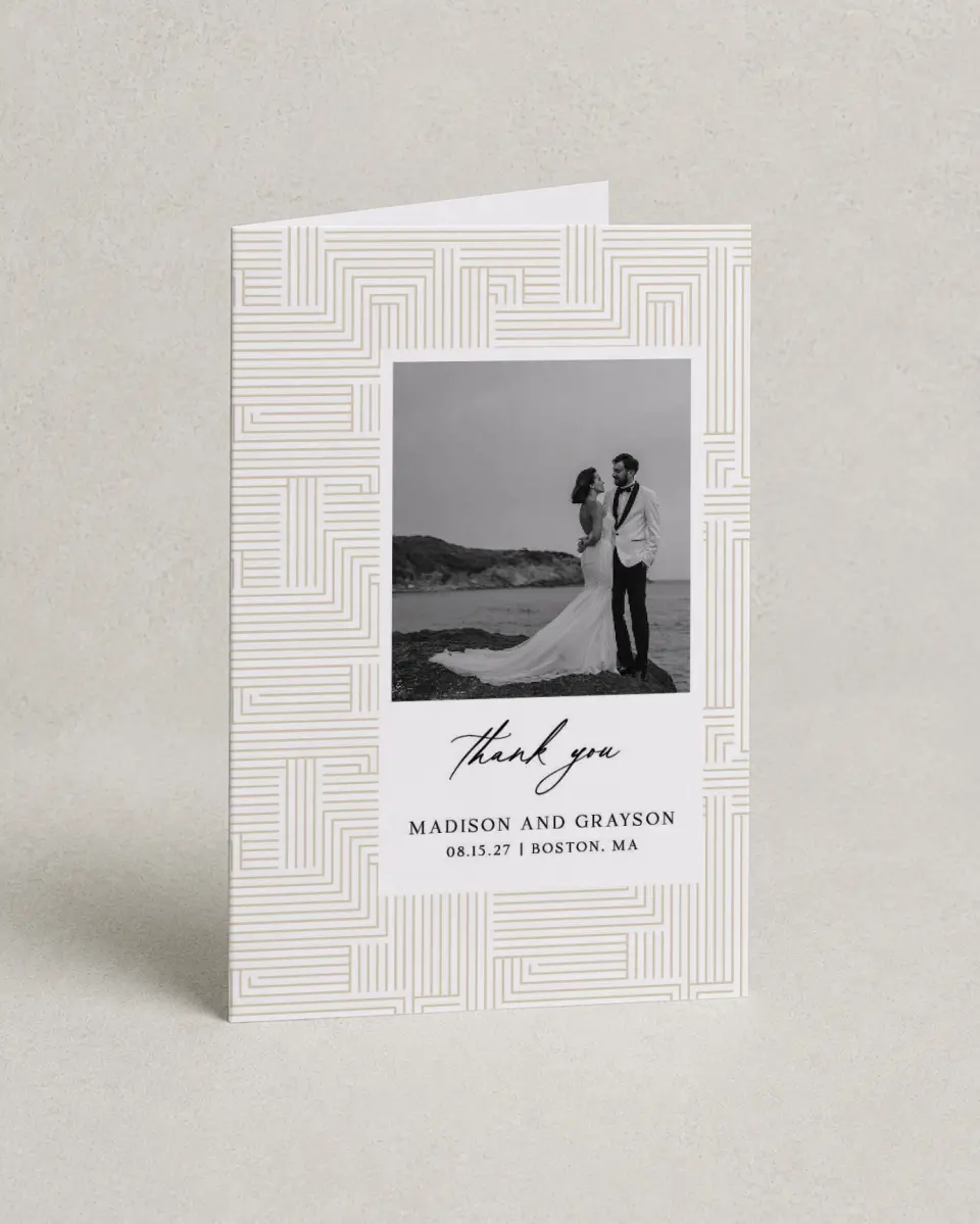 This is a 4" x 6" Folded Thank You Card called Love Maze printed in full color on Premium Smooth paper
