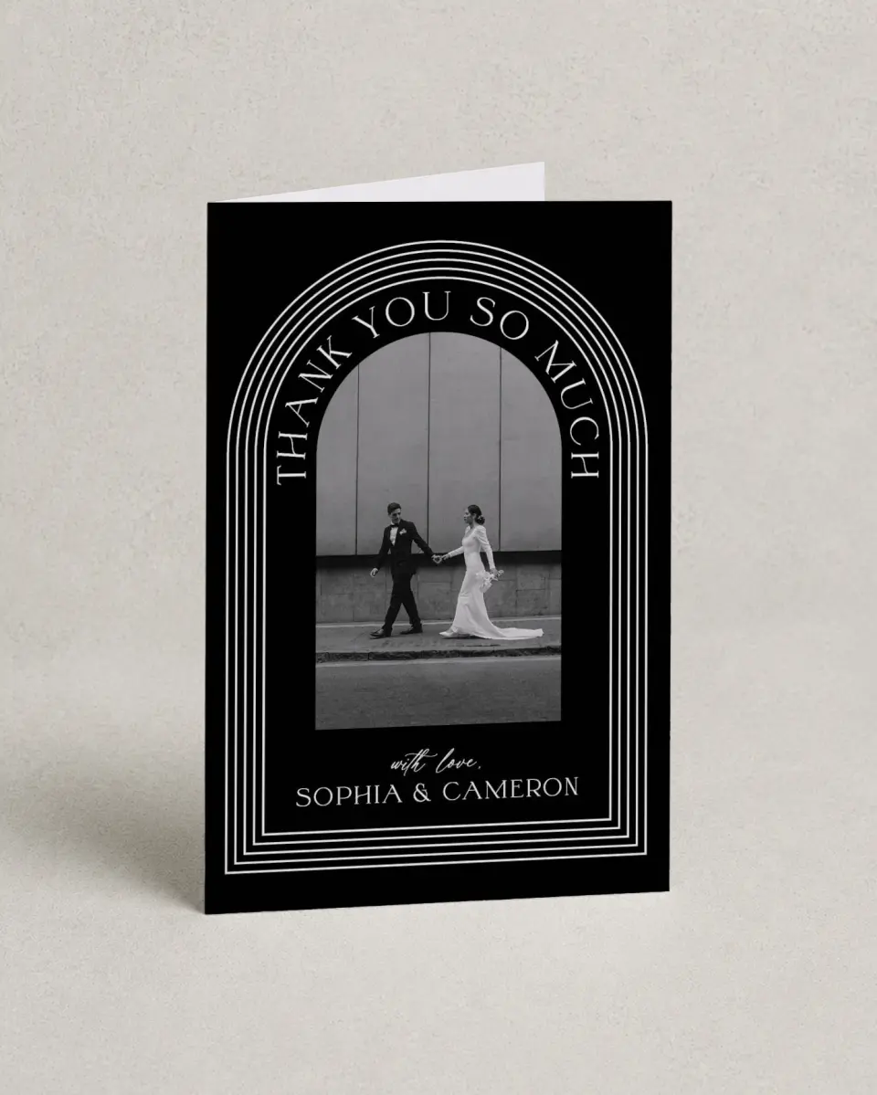 This is a 4" x 6" Folded Thank You Card called Passionate Arch printed in full color on Premium Smooth paper