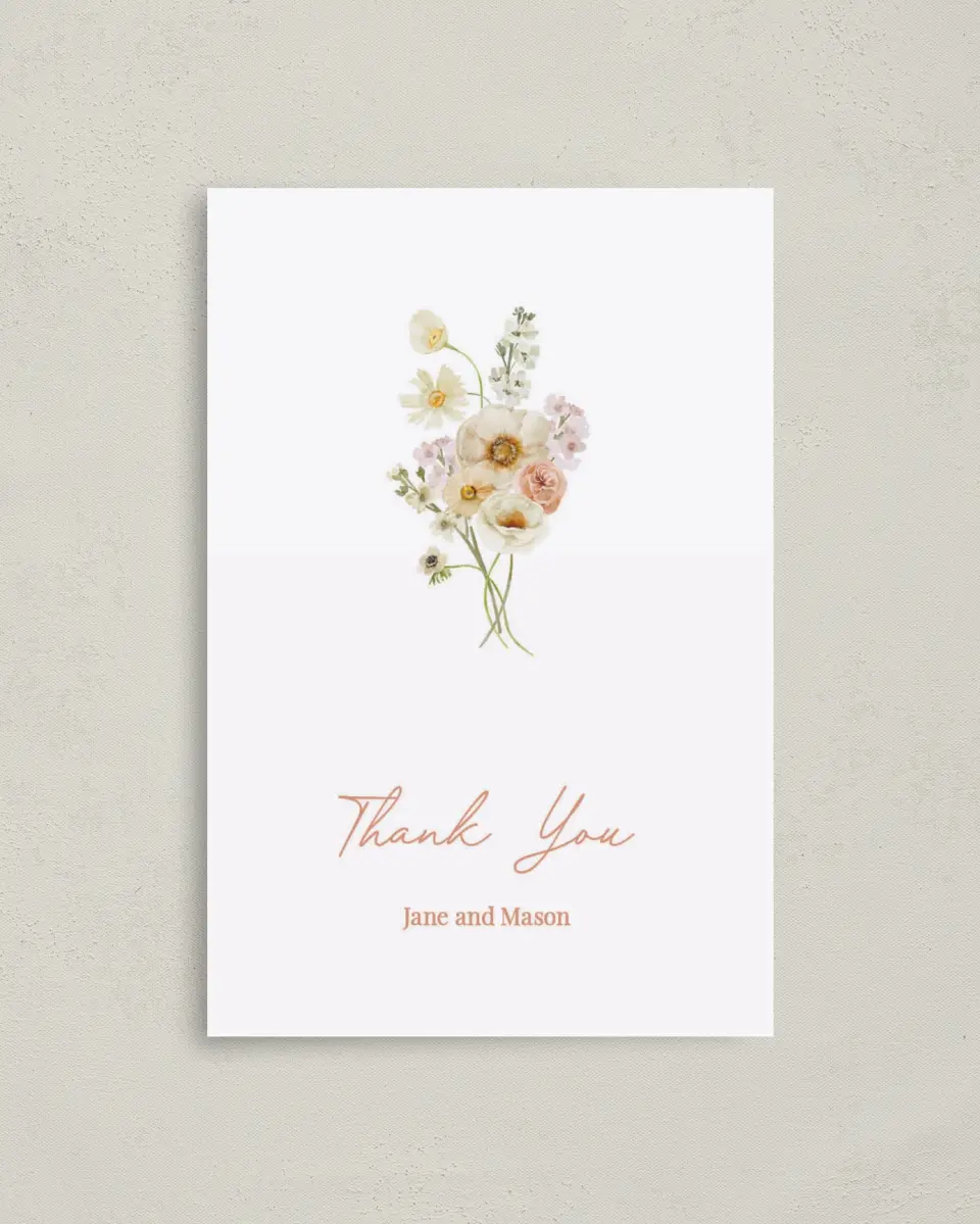 This is a 4" x 6" Folded Thank You Card called Warm Wildflowers printed in full color on Premium Smooth paper