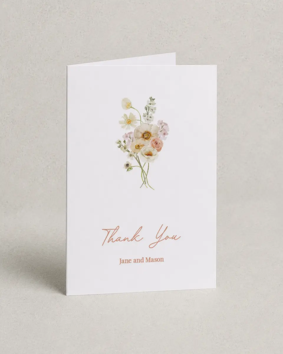 This is a 4" x 6" Folded Thank You Card called Warm Wildflowers printed in full color on Premium Smooth paper