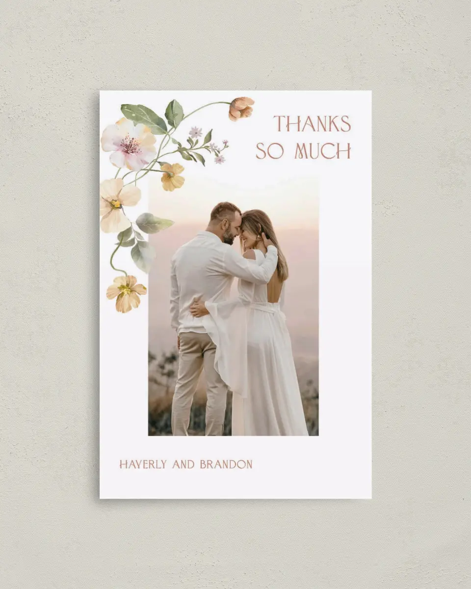 This is a 4" x 6" Folded Thank You Card called Delicate Garden printed in full color on Premium Smooth paper