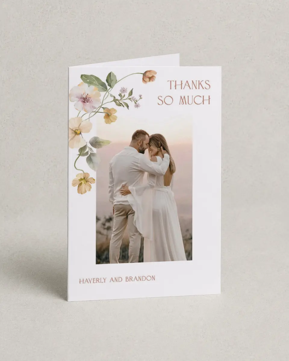 This is a 4" x 6" Folded Thank You Card called Delicate Garden printed in full color with Gold foil on Luxe Satin (coated) paper