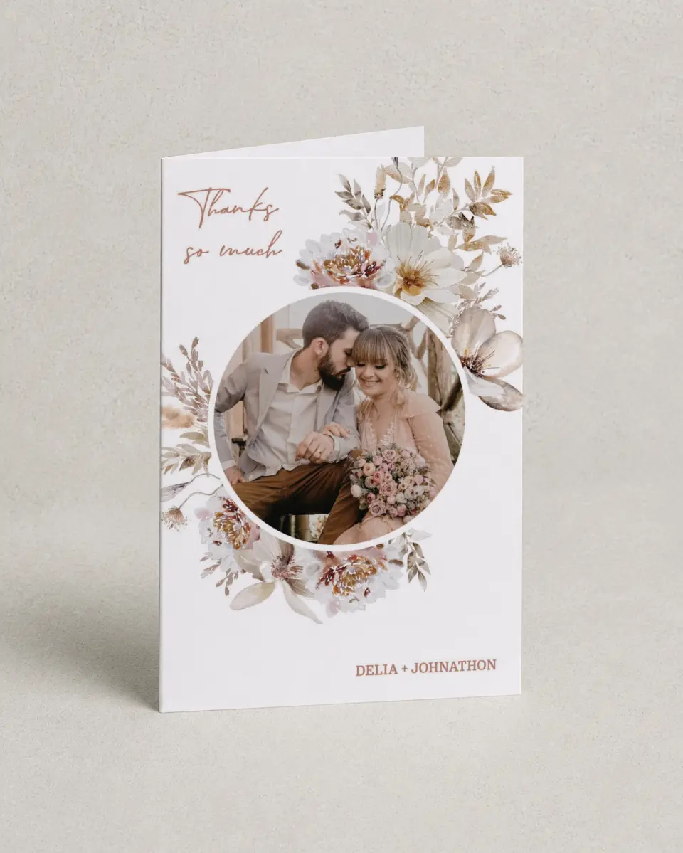This is a 4" x 6" Folded Thank You Card called Petal Perfect printed in full color on Premium Smooth paper