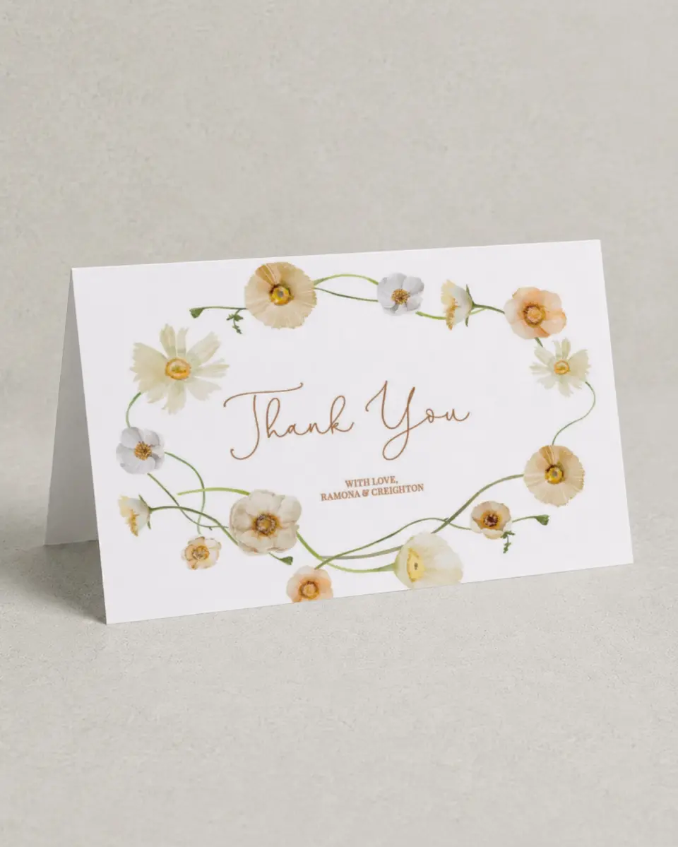 This is a 4" x 6" Folded Thank You Card called Sultry Sunshine printed in full color on Premium Smooth paper