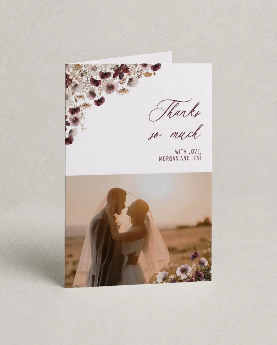 This is a 4" x 6" Folded Thank You Card called Harvest Meadows printed in full color on Premium Smooth paper