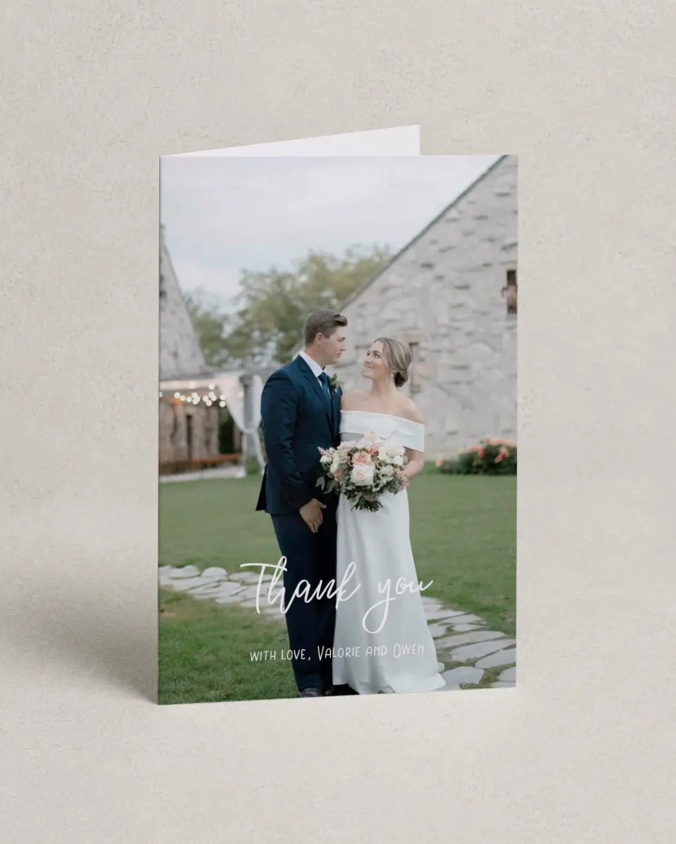 This is a 4" x 6" Folded Thank You Card called Hopeful Floral printed in full color with Gold foil on Luxe Satin (coated) paper