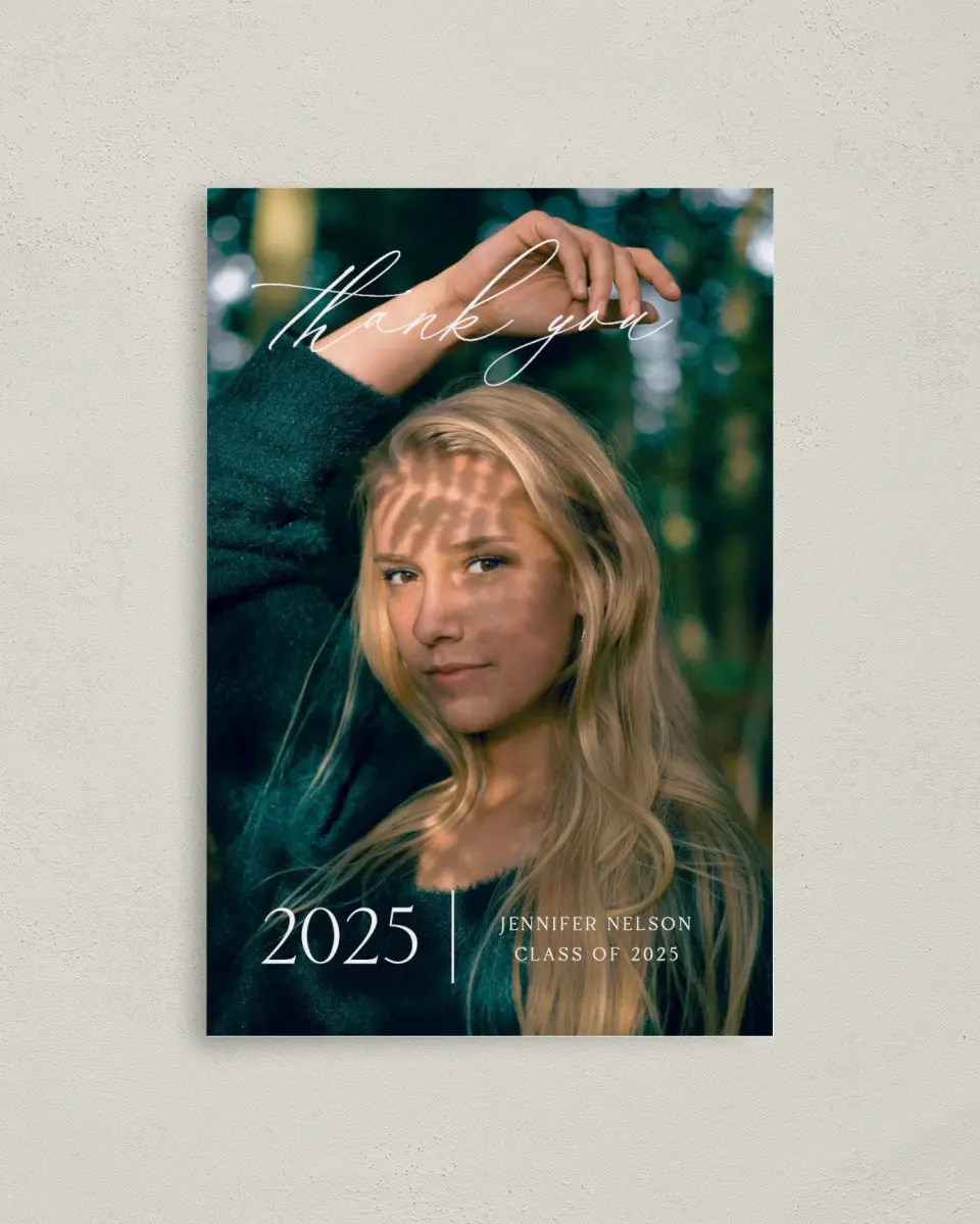 This is a 4" x 6" Folded Graduation Thank You Card called Stunning Senior printed in full color on Premium Smooth paper