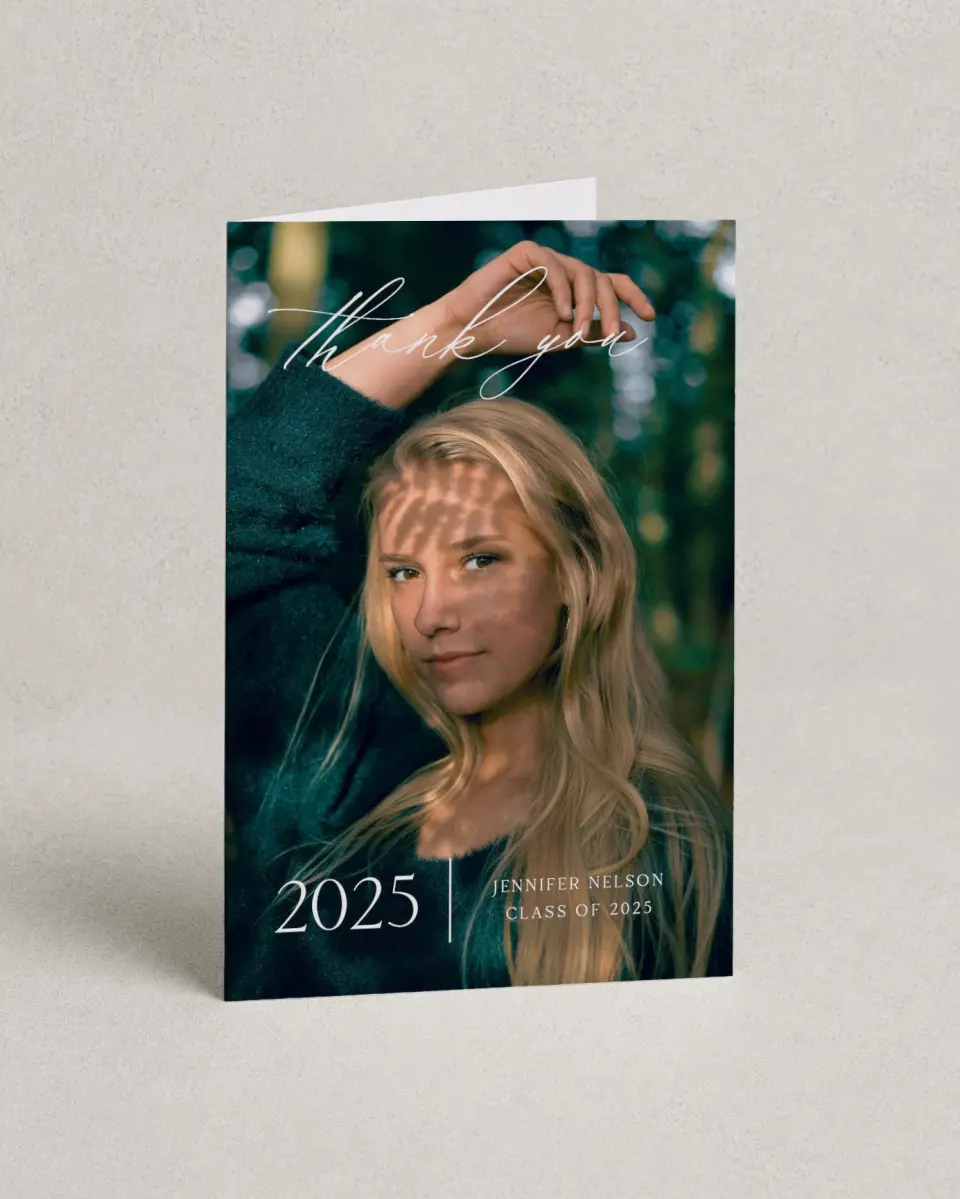 This is a 4" x 6" Folded Graduation Thank You Card called Stunning Senior printed in full color on Premium Smooth paper