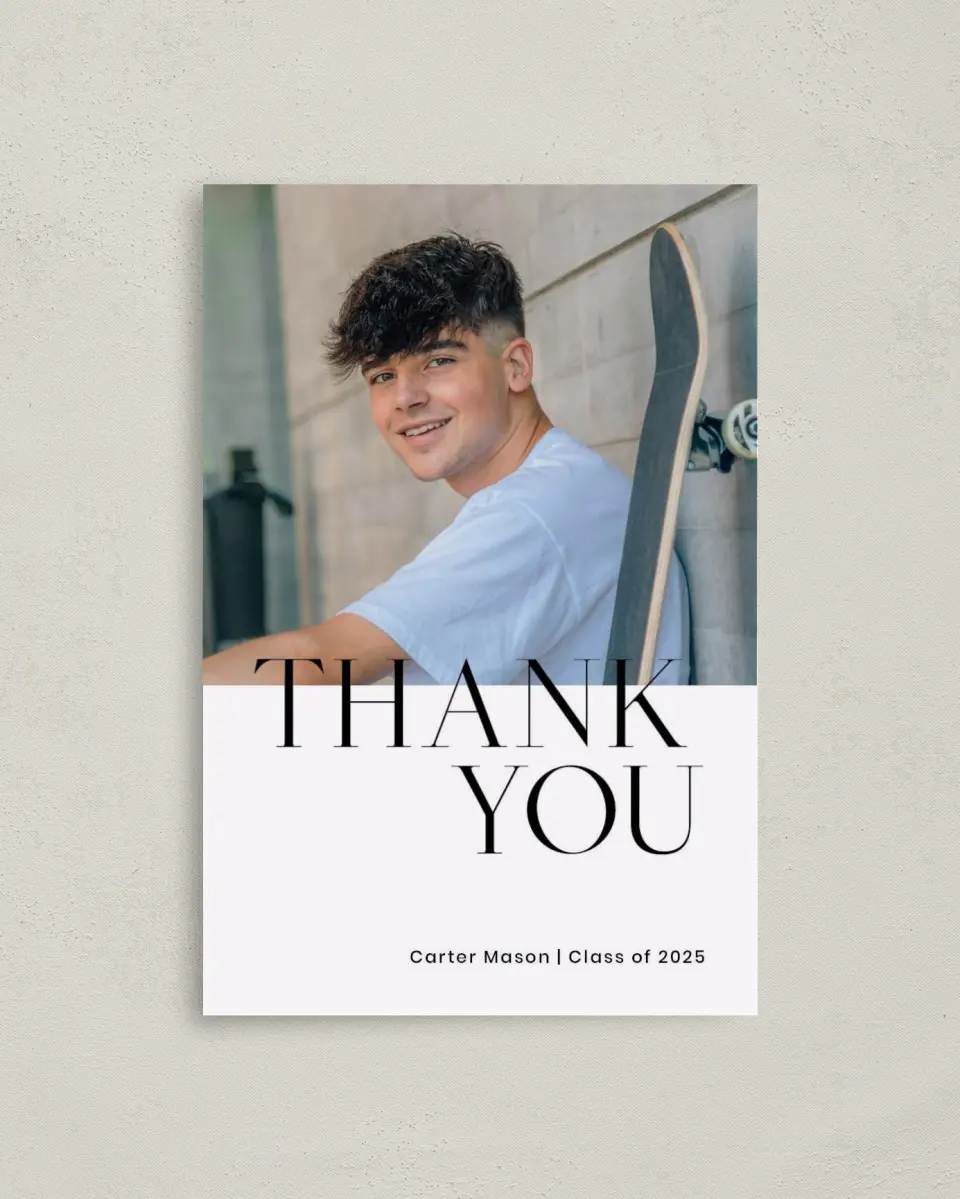 This is a 4" x 6" Folded Graduation Thank You Card called Classy Cool Grad printed in full color on Premium Smooth paper