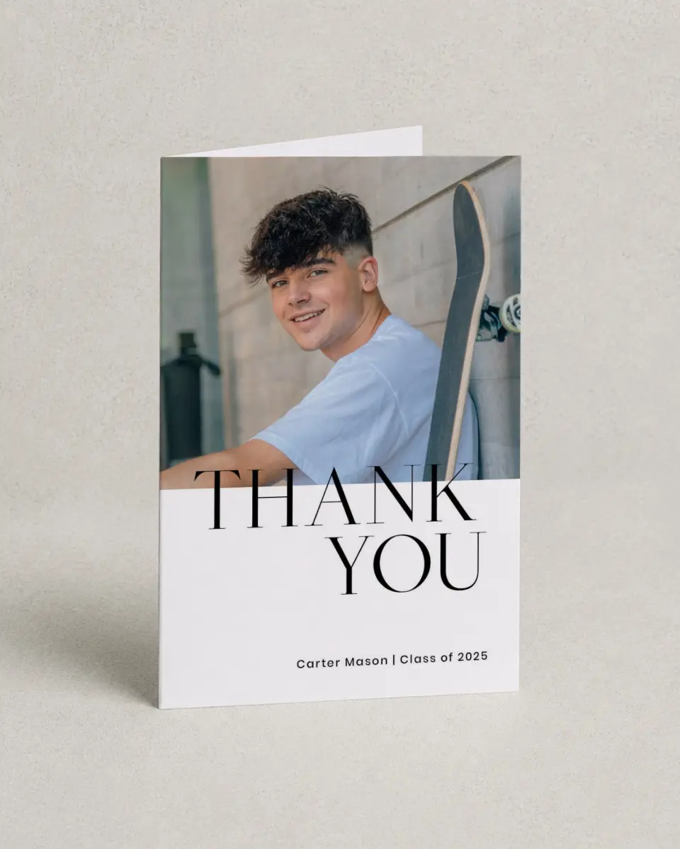 This is a 4" x 6" Folded Graduation Thank You Card called Classy Cool Grad printed in full color on Premium Smooth paper