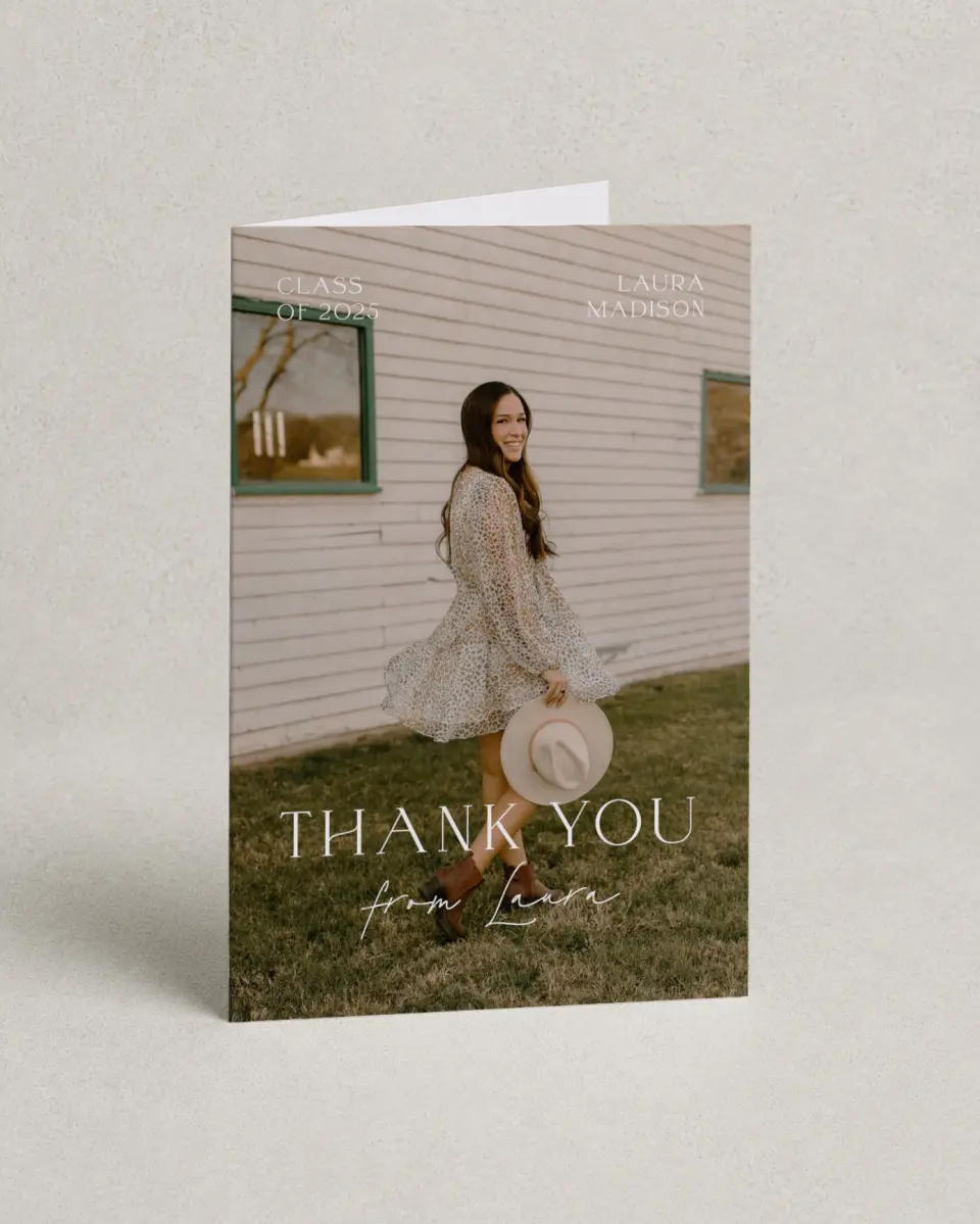 This is a 4" x 6" Folded Graduation Thank You Card called New Beginnings printed in full color on Premium Smooth paper