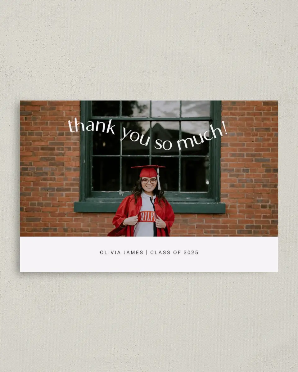 This is a 4" x 6" Folded Graduation Thank You Card called Wavy Celebration printed in full color on Premium Smooth paper