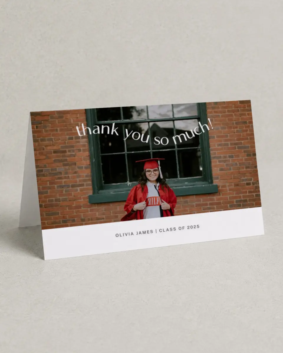 This is a 4" x 6" Folded Graduation Thank You Card called Wavy Celebration printed in full color on Premium Smooth paper
