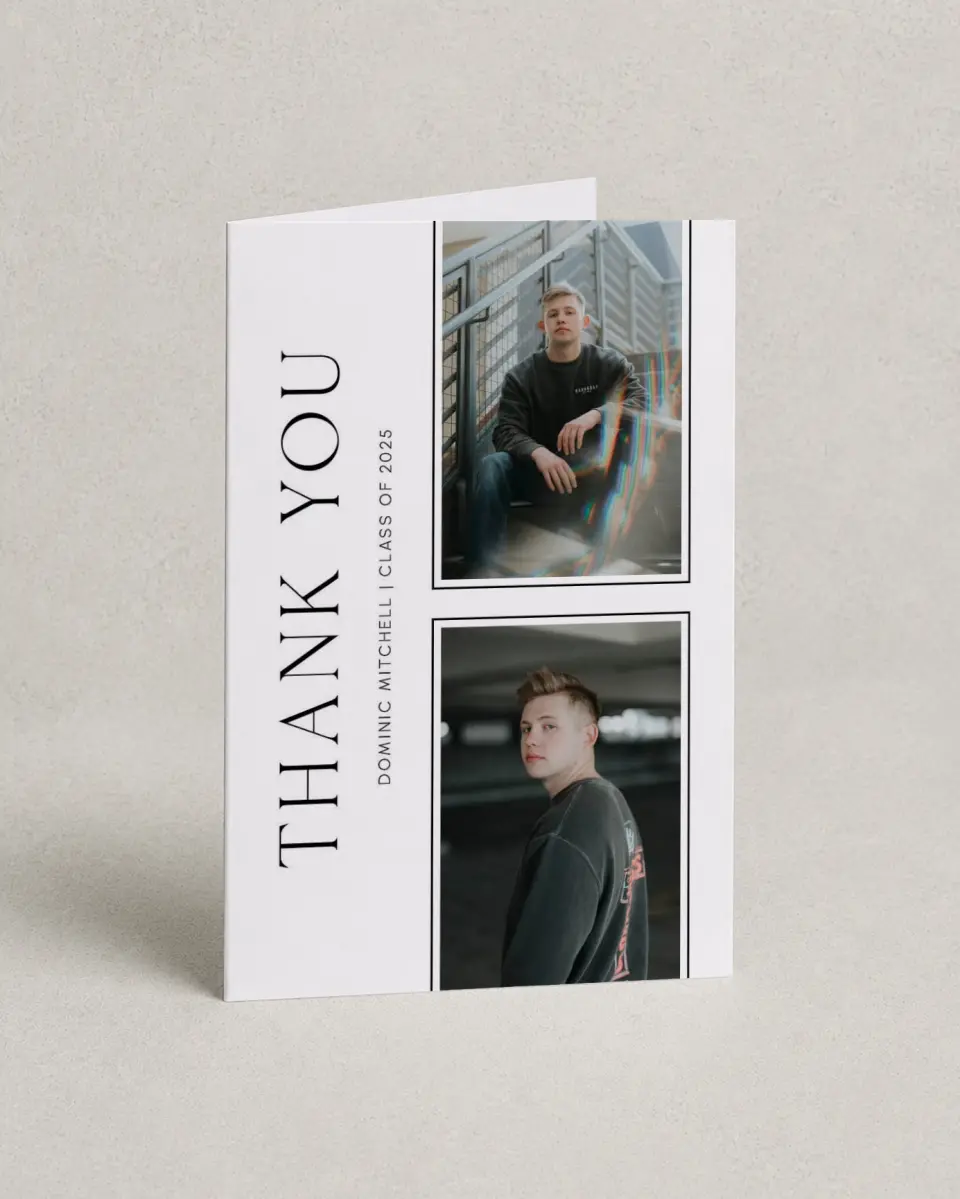 This is a 4" x 6" Folded Graduation Thank You Card called Sophisticated Senior printed in full color on Premium Smooth paper