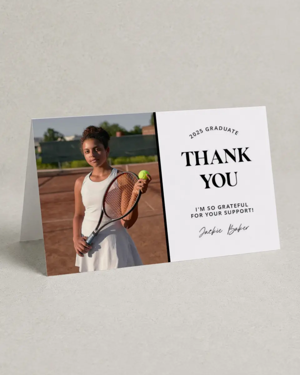 This is a 4" x 6" Folded Graduation Thank You Card called Class Confidence printed in full color with Rose Gold foil on Luxe Satin (coated) paper