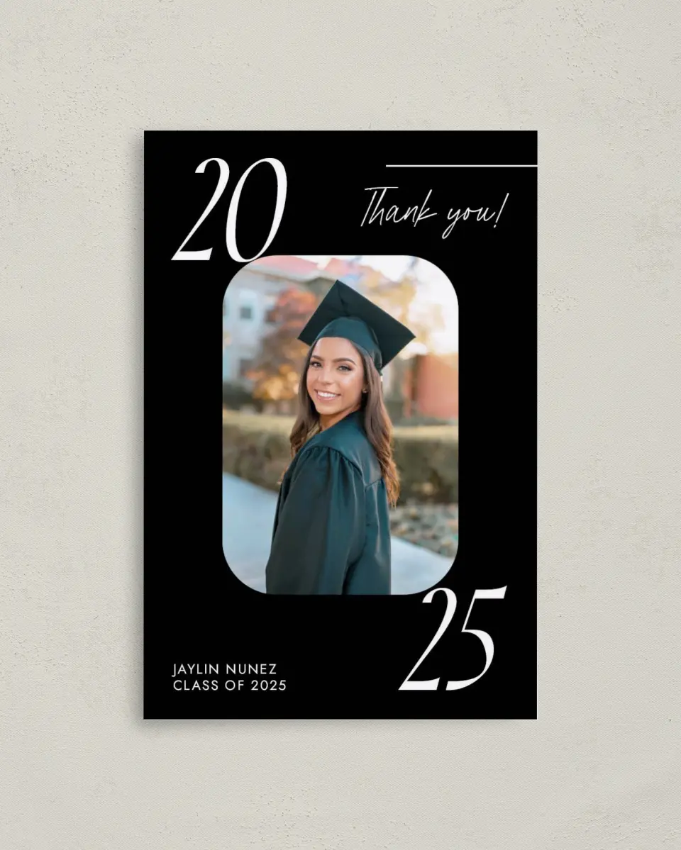 This is a 4" x 6" Folded Graduation Thank You Card called Simple Grid Grad printed in full color on Premium Smooth paper