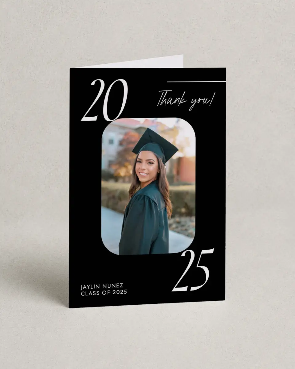 This is a 4" x 6" Folded Graduation Thank You Card called Simple Grid Grad printed in full color with Rose Gold foil on Luxe Satin (coated) paper