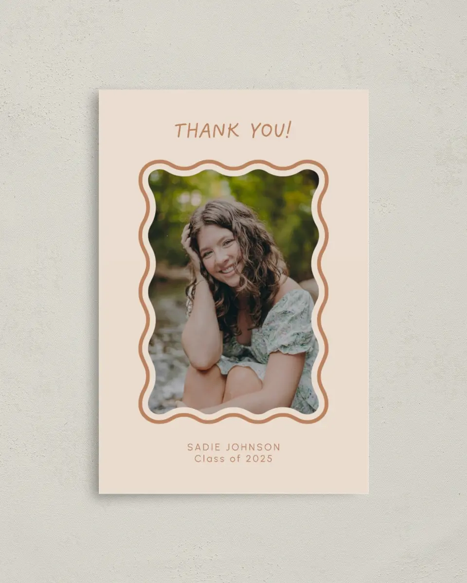 This is a 4" x 6" Folded Graduation Thank You Card called Wavy Frame Fun printed in full color on Premium Smooth paper