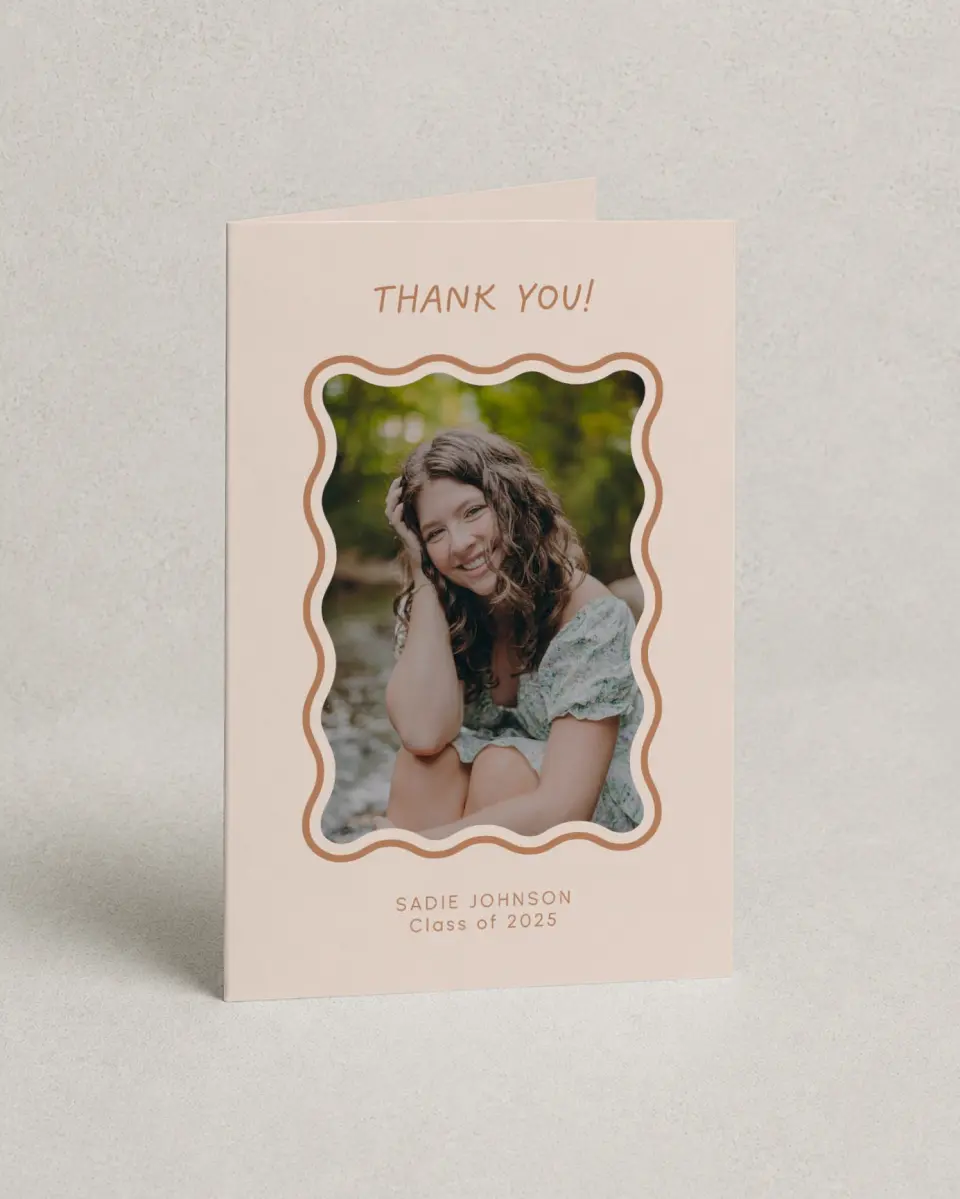 This is a 4" x 6" Folded Graduation Thank You Card called Wavy Frame Fun printed in full color on Premium Smooth paper
