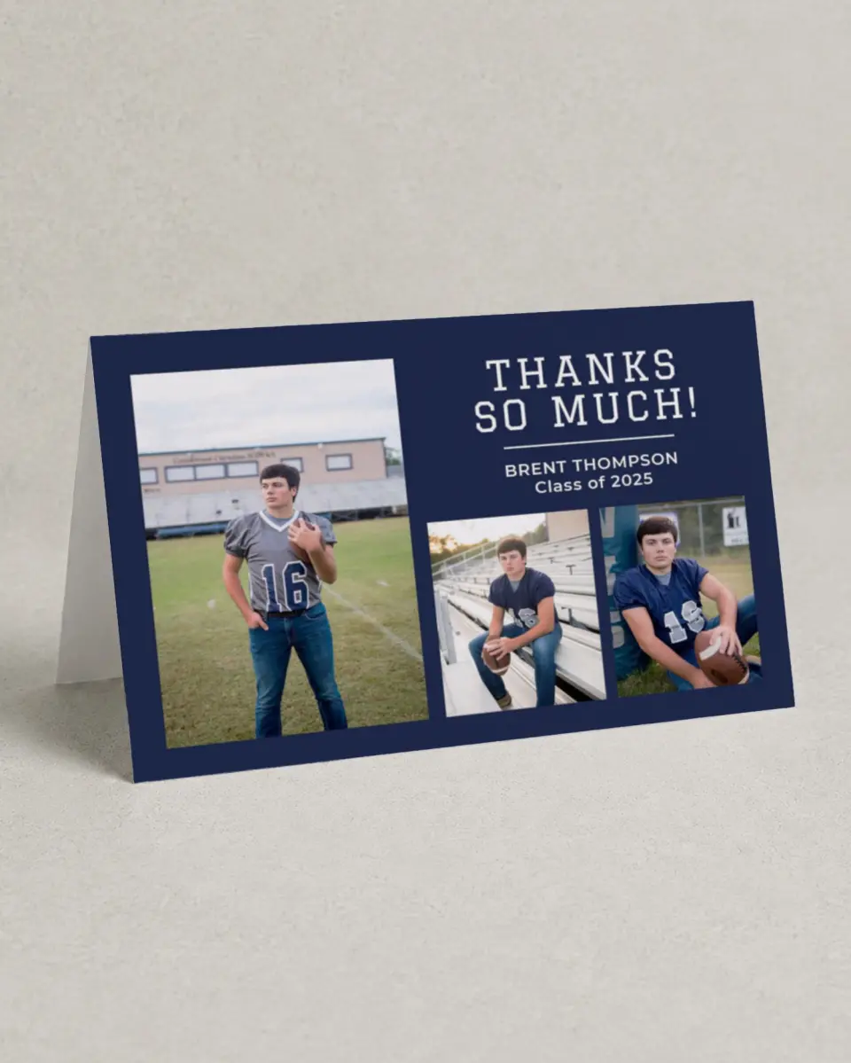 This is a 4" x 6" Folded Graduation Thank You Card called Classic Celebration printed in full color with Rose Gold foil on Luxe Satin (coated) paper