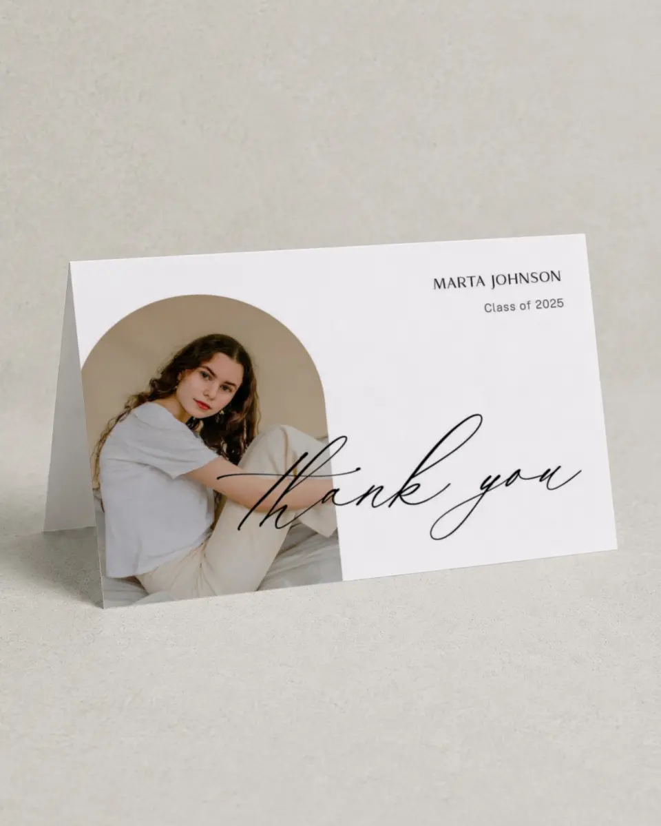 This is a 4" x 6" Folded Graduation Thank You Card called Dainty Dreaming printed in full color on Premium Smooth paper