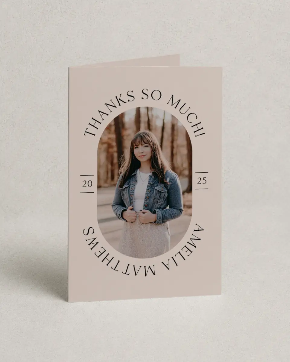 This is a 4" x 6" Folded Graduation Thank You Card called Time To Shine printed in full color with Rose Gold foil on Luxe Satin (coated) paper