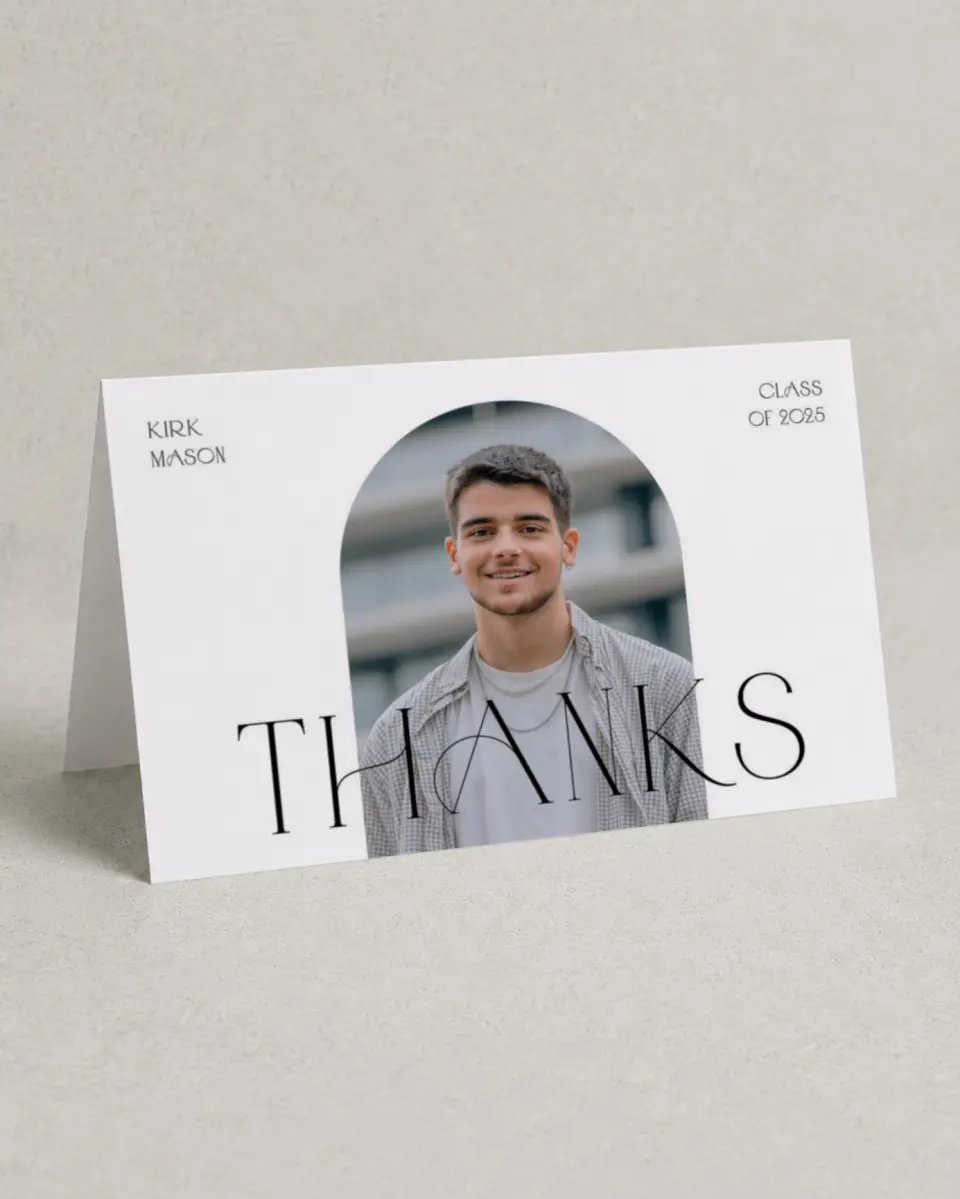 This is a 4" x 6" Folded Graduation Thank You Card called Milestones and Memories printed in full color on Premium Smooth paper