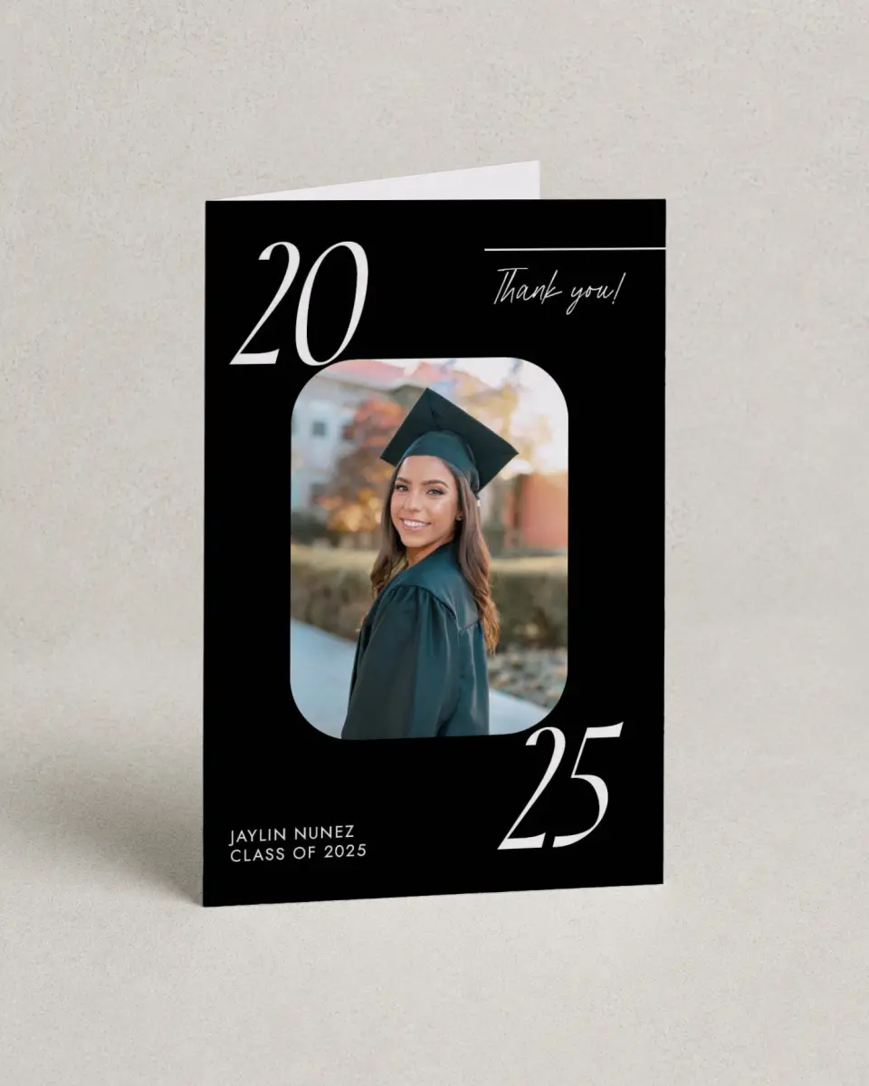 This is a 4" x 6" Folded Graduation Thank You Card called Your Year! printed in full color with Rose Gold foil on Luxe Satin (coated) paper